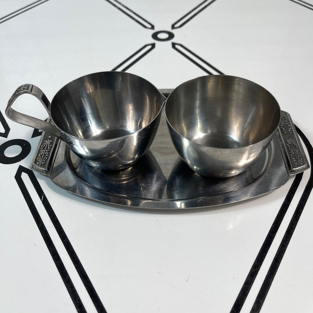 Miranda Japan Stainless Steel Cream & Sugar Bowls with Tray Vintage Set